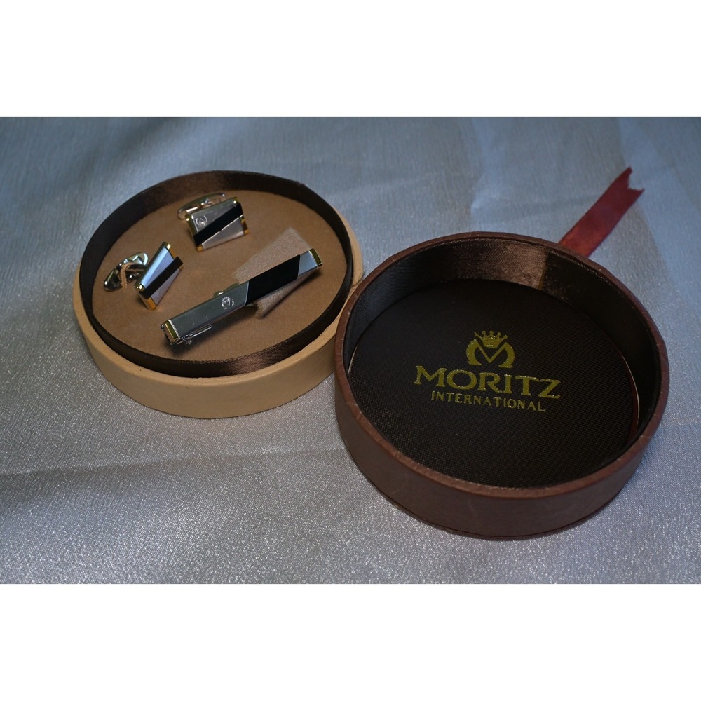 Vintage Moritz International Cufflinks & Tie Clip Set Silver Black Gold Tone Box